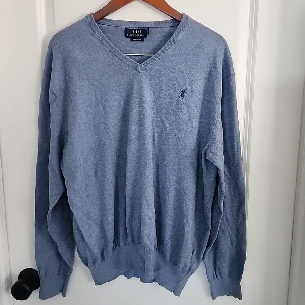 Polo Ralph Lauren Sweater Mens Size XL Blue Pima Cotton Long Sleeve V Neck Logo